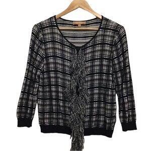𝅺ELLEN Tracy cardigan sweater checkers fringe cotton plaid black white small